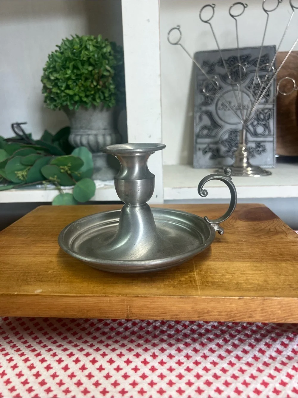 Vintage early American pewter by web chamberstick candle holder grandma core